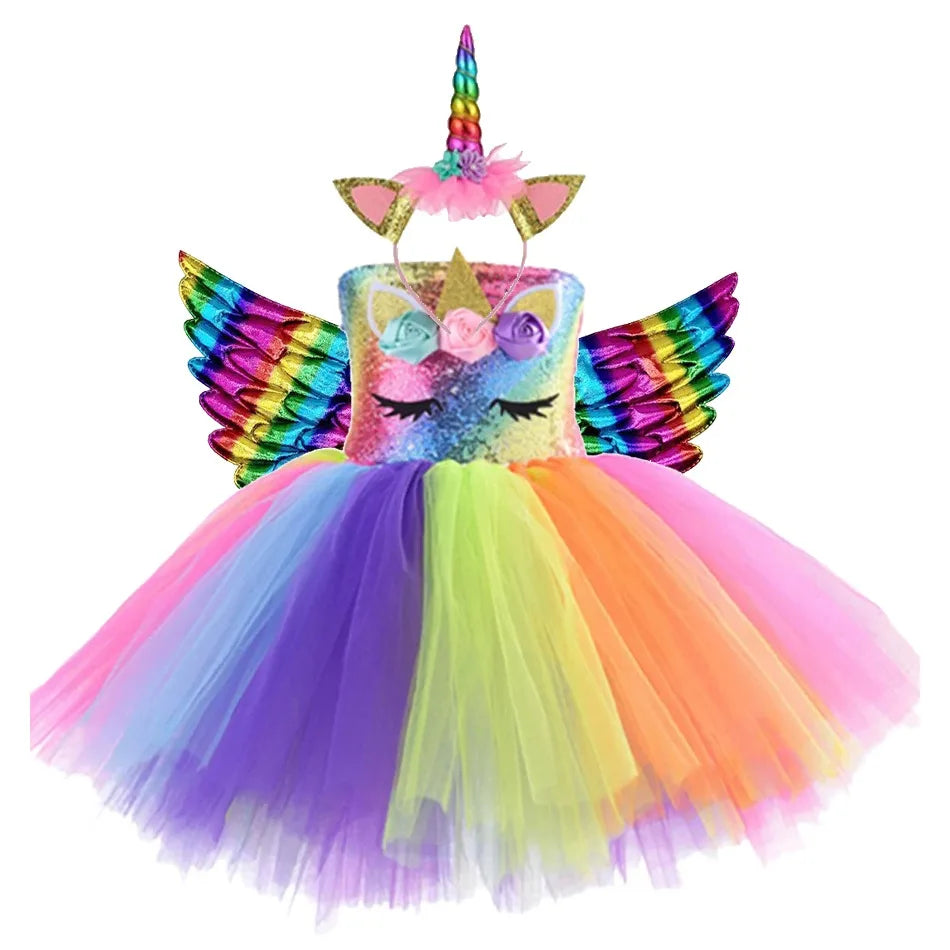 Princess Girls Unicorn Tutu Dress Outfits Pastel Flower Baby Girl Birthday Party Dresses Tulle Kids Halloween Cosplay Costumes
