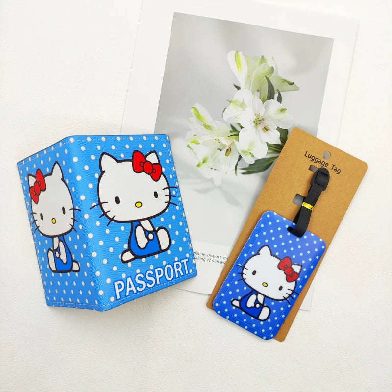 1Set Hello Kitty Passport Cover and Luggage Tags Travel Passport Holder Baggage Tag Girls Business ID Card Holder Luggage Label