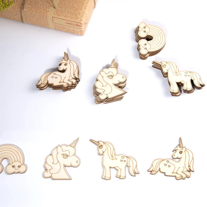 10pcs/set Unicorn Wooden Crafts DIY Painting Wood Slices Hanging Ornaments For Birthday Party Decoration Kids Gift Home Supplies