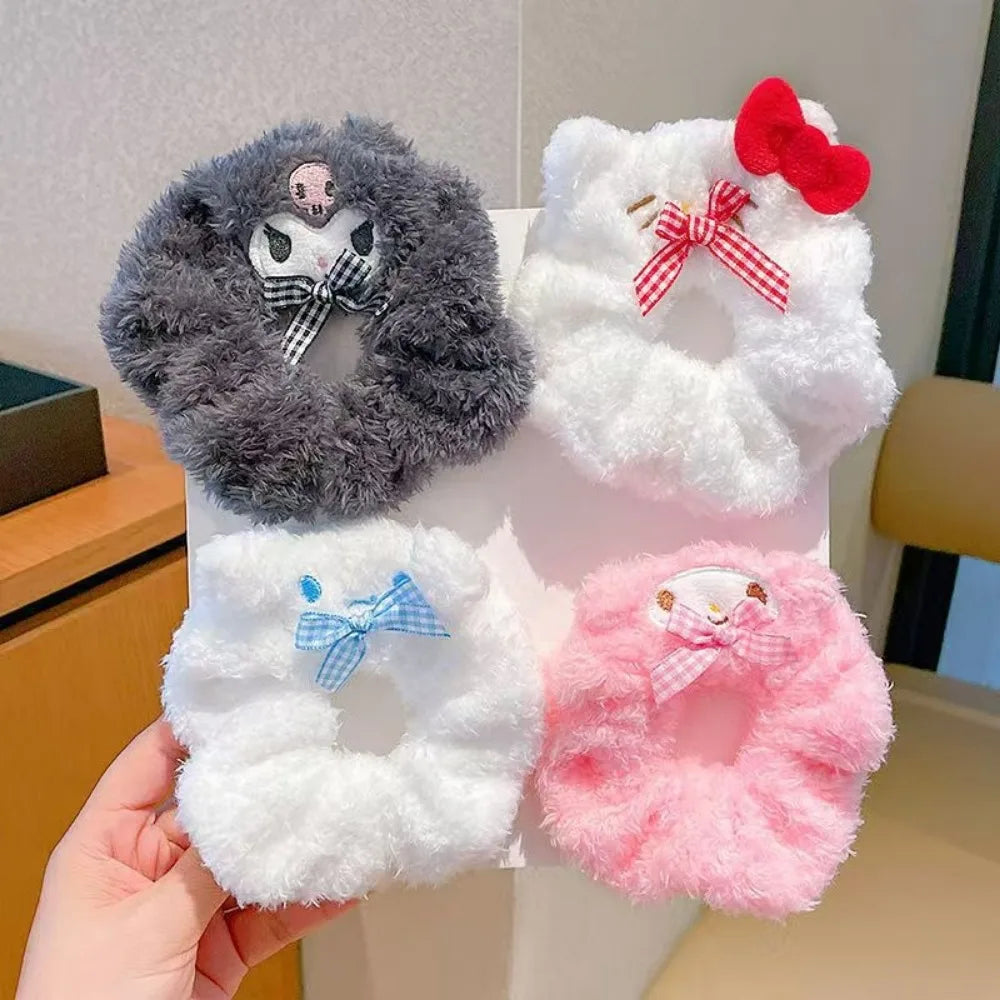 4Pcs Sanrio Hello Kitty Plush Elastic Hair Rope Cute Anime Cartoon Girls Hair Accessories Hair Band Charm Ponytail Holder Gifts