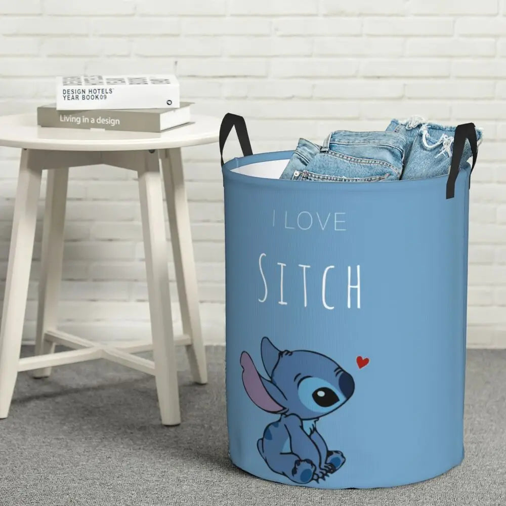 Custom Stitch Kiss Angel Love Heart Anime Laundry Hamper Large Clothes Storage Basket Toy Bin Organizer for Boy Girl