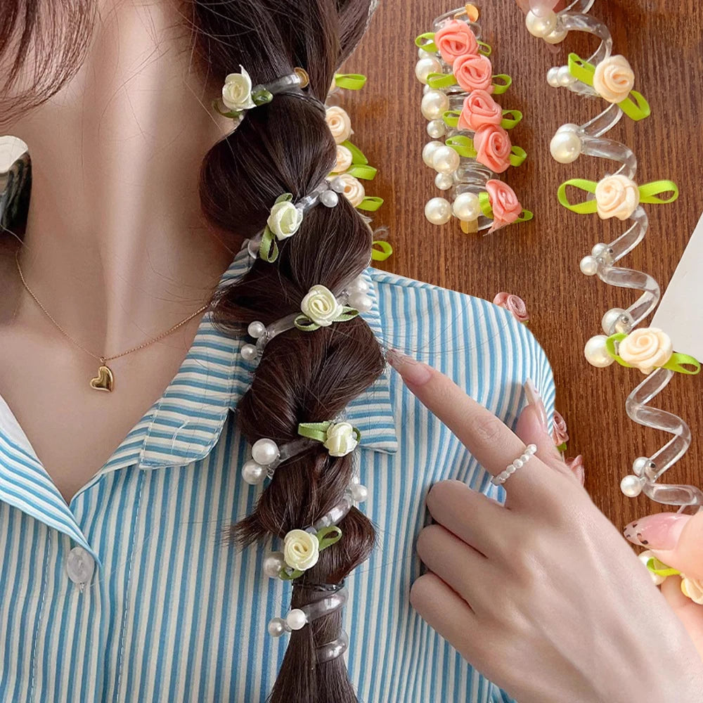Rose Bead Telephone Line Headband Charming Tied Ponytail Braid Hair Rope Headband High Elasticity Rubber Band Pearl Headwears