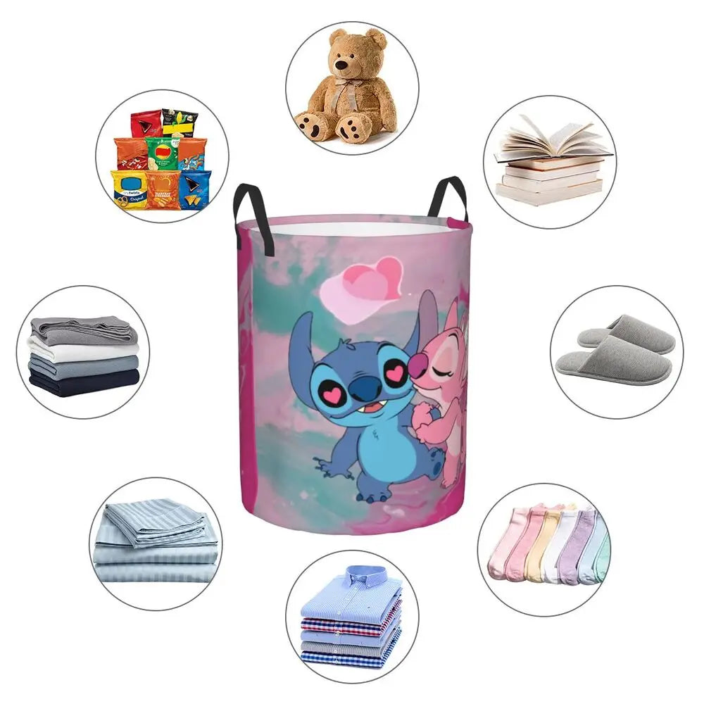 Custom Stitch Kiss Angel Love Heart Anime Laundry Hamper Large Clothes Storage Basket Toy Bin Organizer for Boy Girl