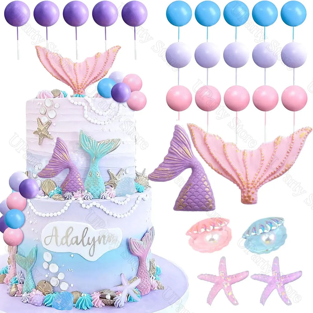 26Pcs Mermaid Birthday Cake Decoration Pink Purple Cake Balls Seashell Memail Tail Cake Toppers for Birthday Baby Shower Favor