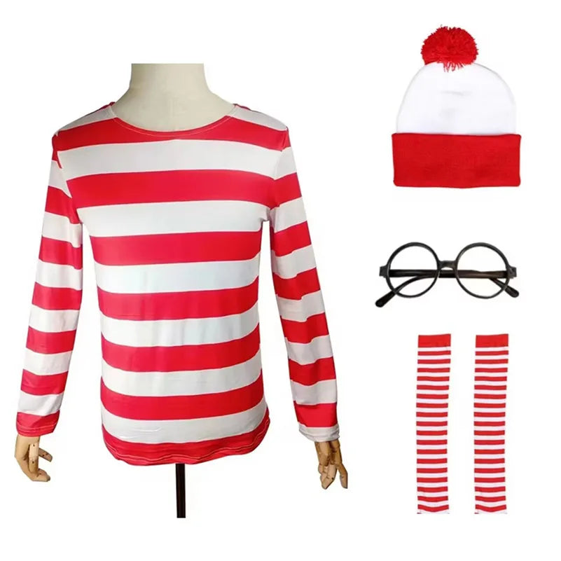 Classic Wheres Waldo Red White Striped Shirt for Men Wally Round Glasses and Hat Costume Set Unisex Halloween Cosplay Outfit