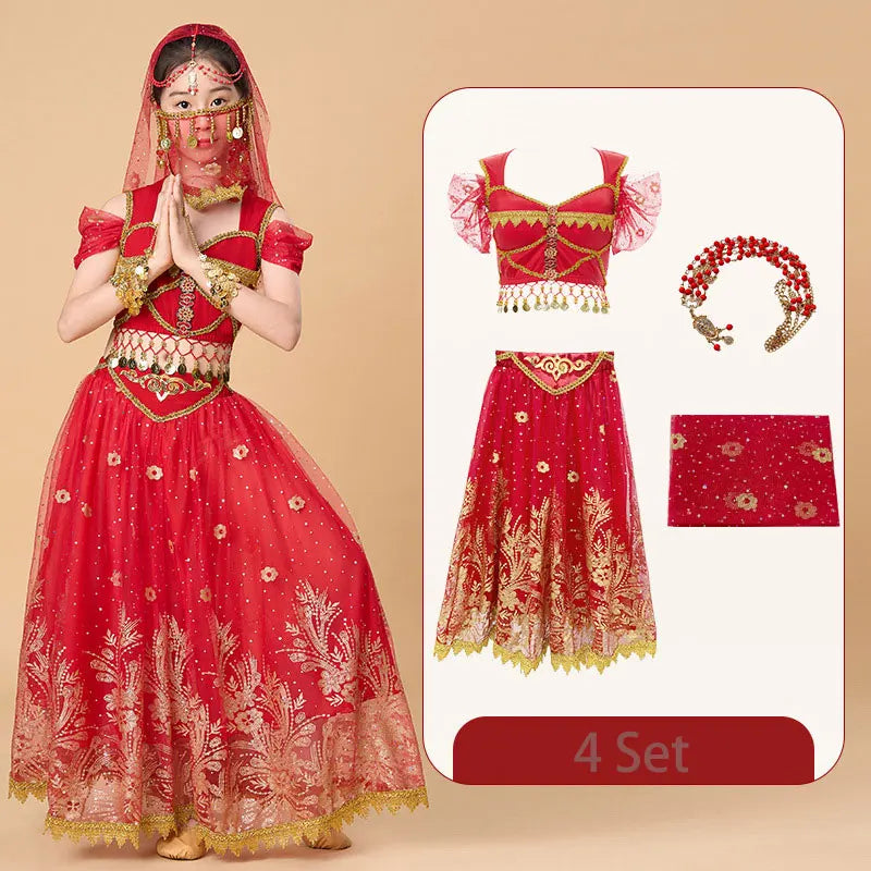  Kids India Princess Belly Dance Set Oriental Indian Dance Sari Girl Performance Costume Bollywood Children Stage Outfit