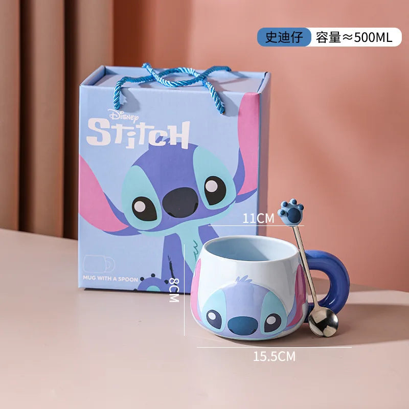 Kawaii Stitch Angel Mug Gift Box Cartoon Spoon Ceramic Cup Coffee Cup Large Capacity 500Ml Handle Water Cup Birthday Gift