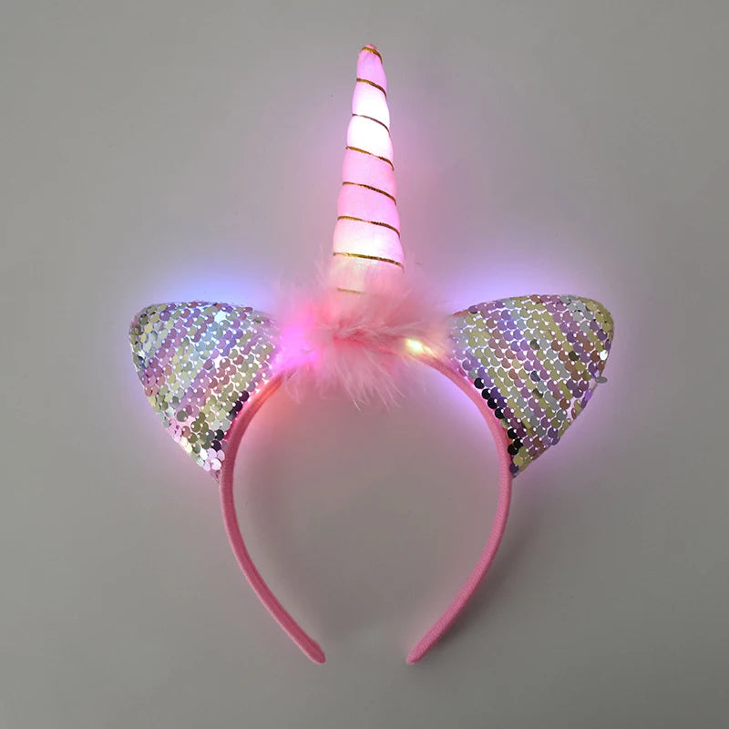 LED Light Unicorn Headband Kids Girl Birthday Cartoon Headwear Hair Accessories Rainbow Unicorn Theme Party Decoration Supplies
