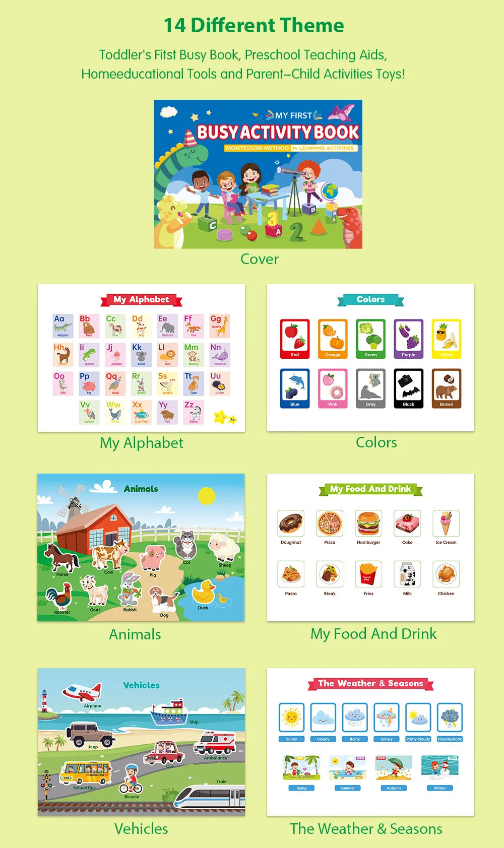 Kids Busy Book Activity Set - Montessori Learning, 14 Themes, Reusable Stickers & Drawing, Gift Box - Early Education Toy
