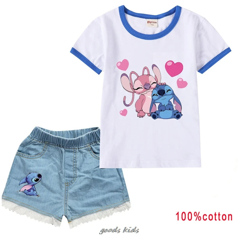 Lilo And Stitch Summer Kids Clothes Toddler Girls Casual Outfits Girl Costume Boys Tshirts+Denim Shorts Suits