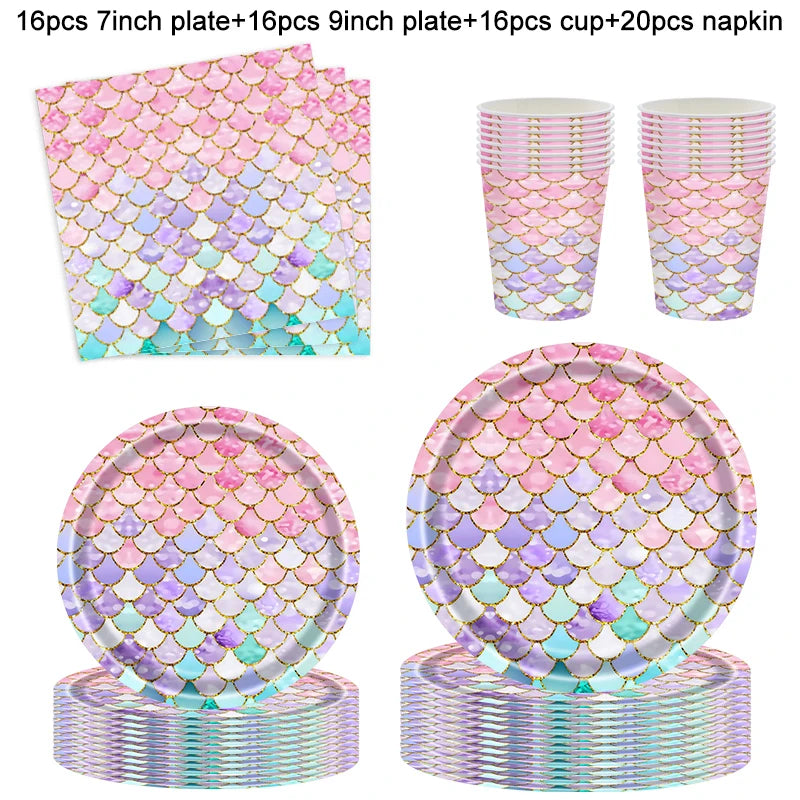 Mermaid Disposable Tableware Set Little Mermaid Paper Plates Cup Tablecloth Kids Girl Mermaid Birthday Party Decoration Supplies