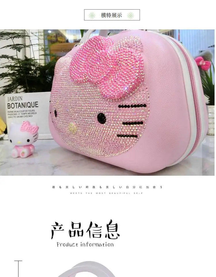 Kawaii 14 Inches Hello Kitty Cosmetic Case Sanrioed Anime Suitcase High Capacity with Lock Storage Bag Girl High End Gift Travel