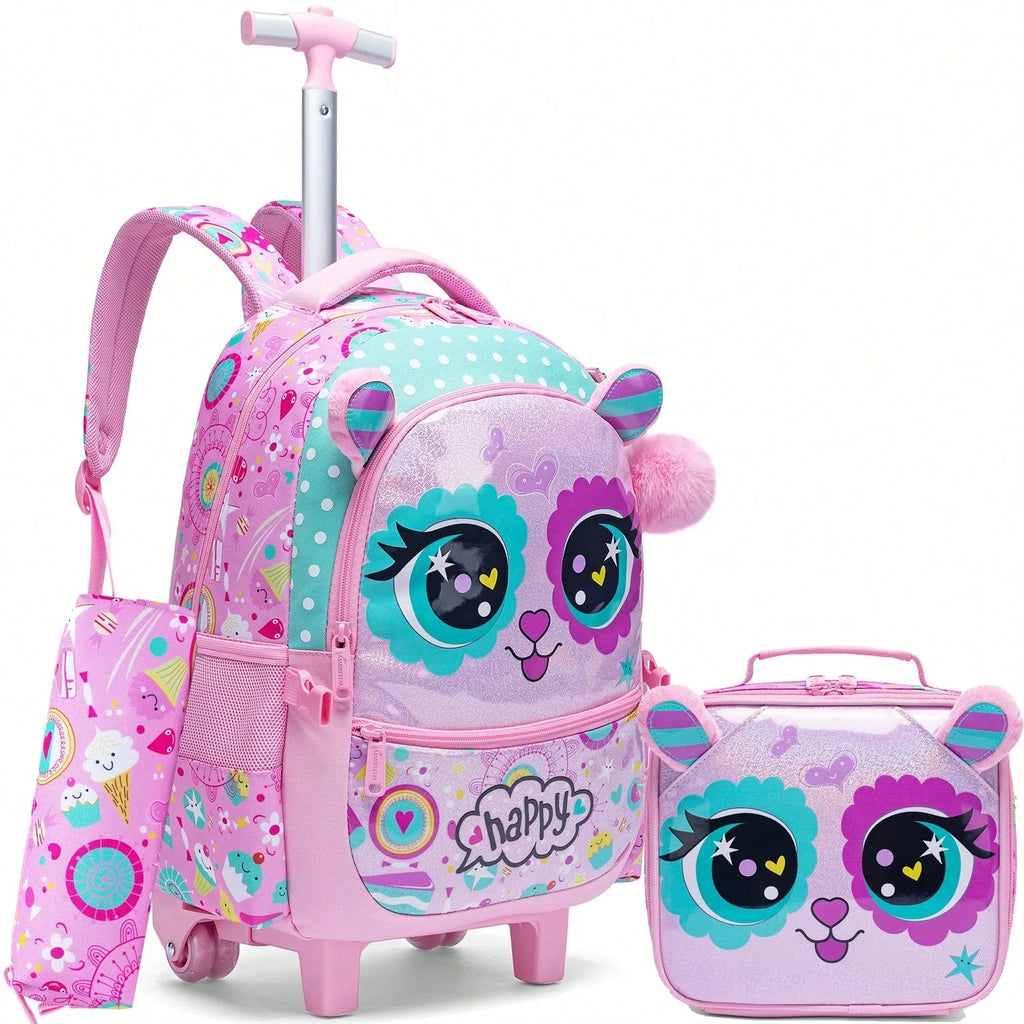 3PCS Cute Rolling Backpack for Girls Backpacks with Wheels for Elementary Students Kids 3 in 1 Travel Luggage Carry on Suitcase