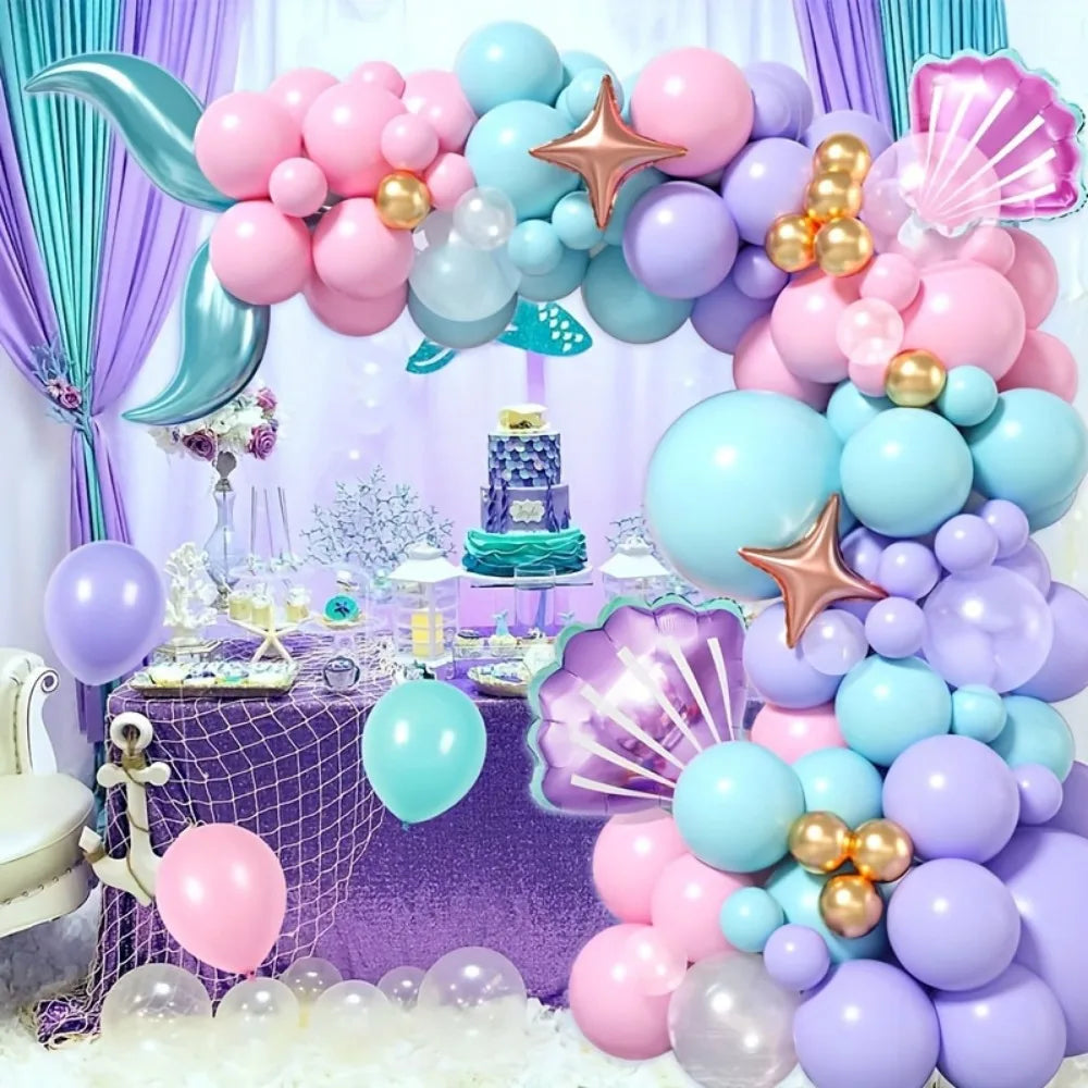 99PCS Mermaid Themed Balloon Garland Arch Set Suitable for Birthday Parties and Celebration Decorations, Indoor and Outdoor Use