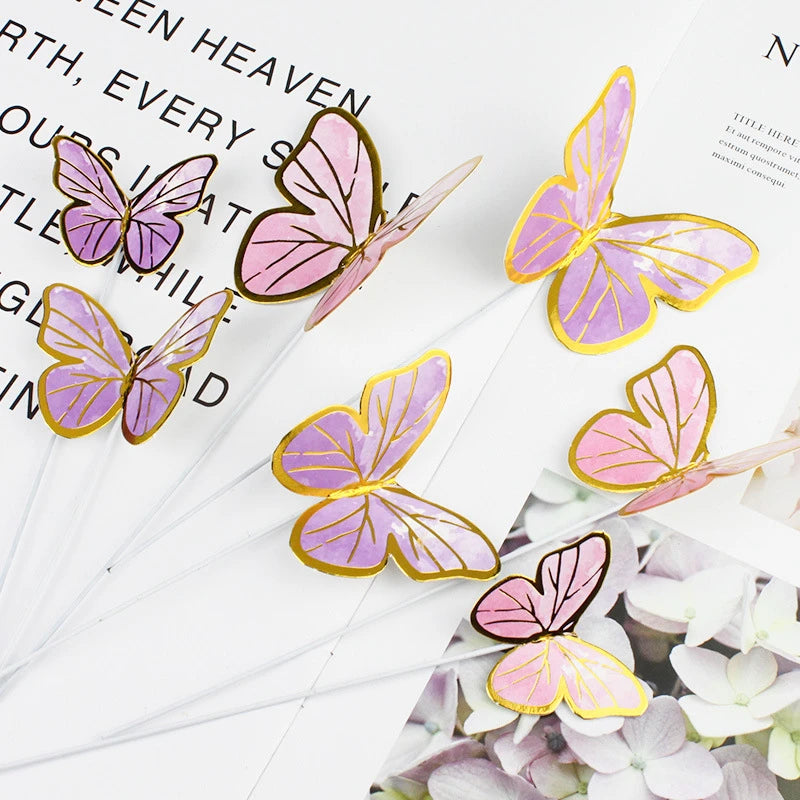 10pcs Dessert Cake Decor Butterfly Stamping Gold Butterfly Cake Toppers Princess Girl Wedding Happy Birthday Party Decor