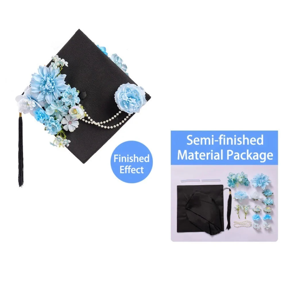 Trencher Cap DIY Flowers Graduation Cap Mortar Board Adjustable Kids Academic Hat with Tassels Charm Ornament Bachelor