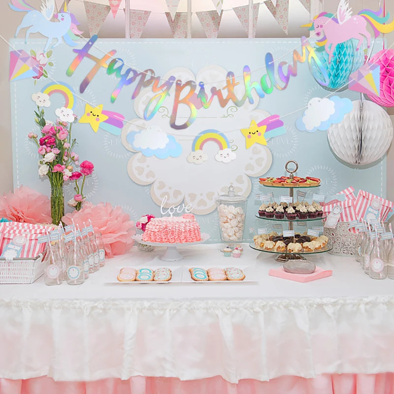 3M Girls Unicorn Birthday Banner Bunting Cute Cloud Star Happy Birthday Banner Paper Garland For Baby Shower Party Hanging Decor