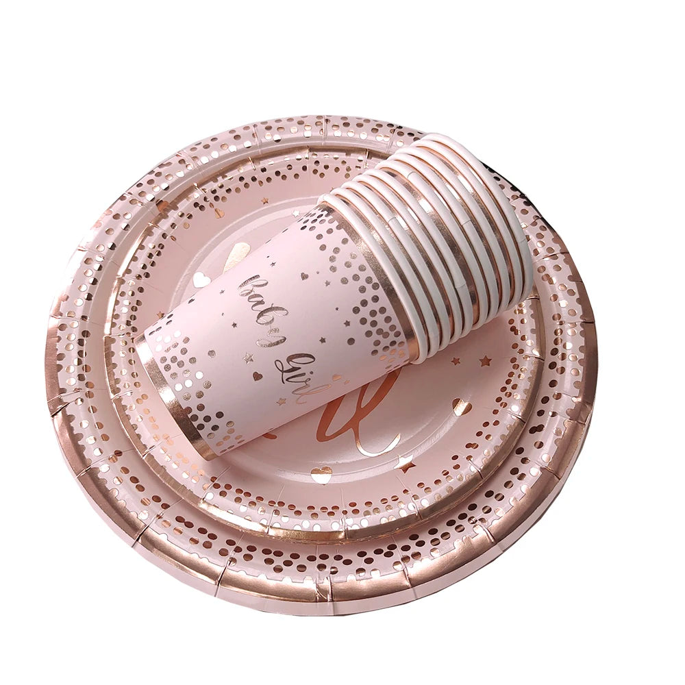 Birthday Disposable Tableware Set Pink Rose Gold White Plates Cups Napkins Tablecloth Girl Birthday Party Decoration Baby Shower