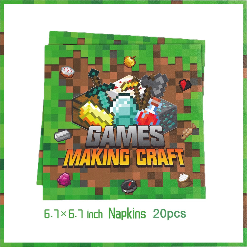 Miner Crafting Pixel Video Game Party Decor Disposable Tableware Backdrop For Kids Party Supplies Cup Plate Banner Toy Gifts