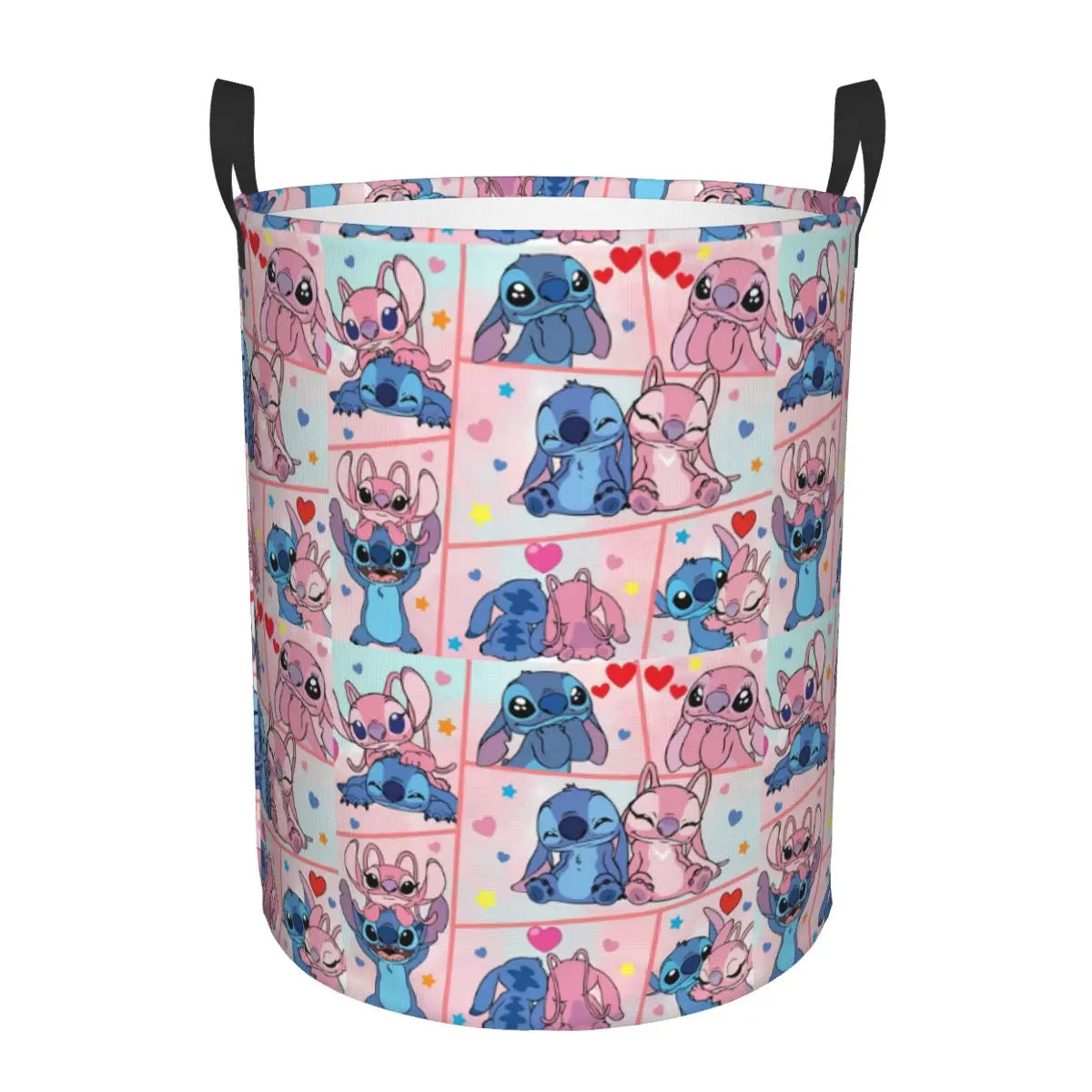 Custom Stitch Kiss Angel Love Heart Anime Laundry Hamper Large Clothes Storage Basket Toy Bin Organizer for Boy Girl