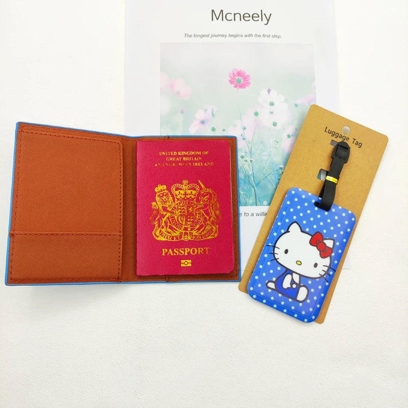 1Set Hello Kitty Passport Cover and Luggage Tags Travel Passport Holder Baggage Tag Girls Business ID Card Holder Luggage Label