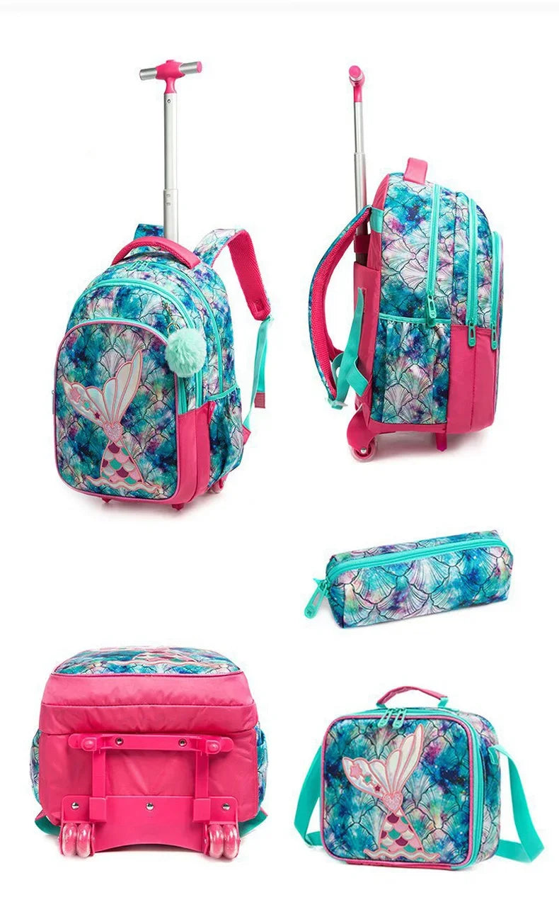 Children's School Backpack with Wheels Kids Wheeled School Bag Teenagers Bag Girls Canvas Backpack Travel Luggage Trolley Bags