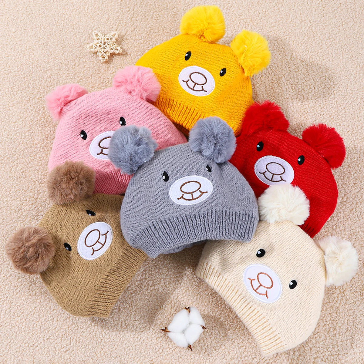 Cute Bear Beanie Cap for Baby Boy Girl Cartoon Pompom Warm Knitted Hat Neck Cover Autumn Winter Toddler Ear Protection Caps