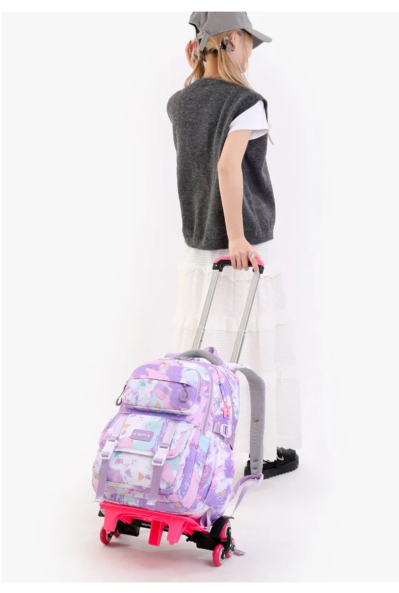 Kids School Backpack with Wheels Rolling Backpack for Girls Student Wheeled Backpack Trolley School Bag Travel Trolley Luggage
