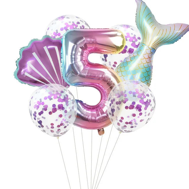 7 Pcs Little Mermaid Shell Balloons 32inch Number Foil Balloon Kids Birthday Party Decoration Supplies Baby Shower Decor Globos
