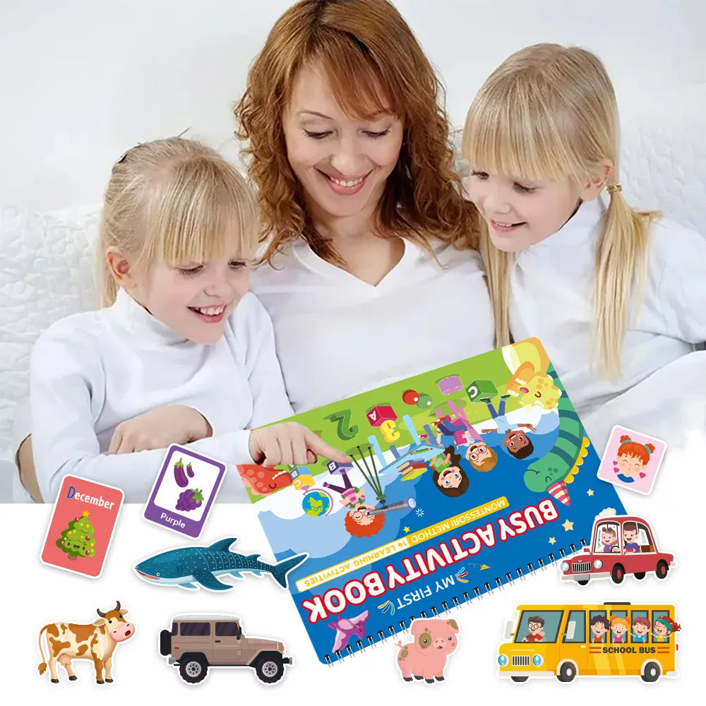 Kids Busy Book Activity Set - Montessori Learning, 14 Themes, Reusable Stickers & Drawing, Gift Box - Early Education Toy