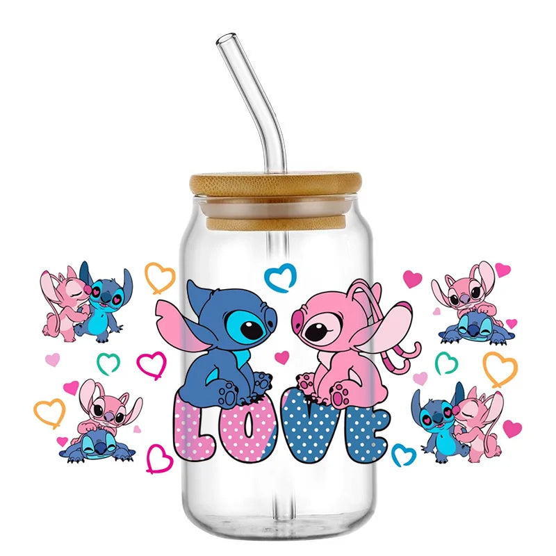 Miniso Stitch 16oz UV DTF Cup Wrap Cartoon Transfers Libbey Wrap Tumbler DIY Logo Sticker Glass Can Selfadhesive Waterproof