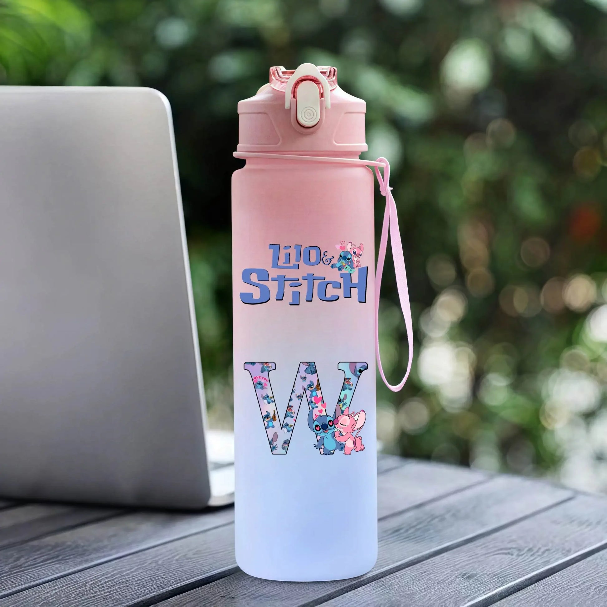 750ML Water Bottle Lilo Stitch Cartoon Letter A-Z Printed Large Capacity Drinking Cup Portable Outdoor Sport Water Cup Kid Gift