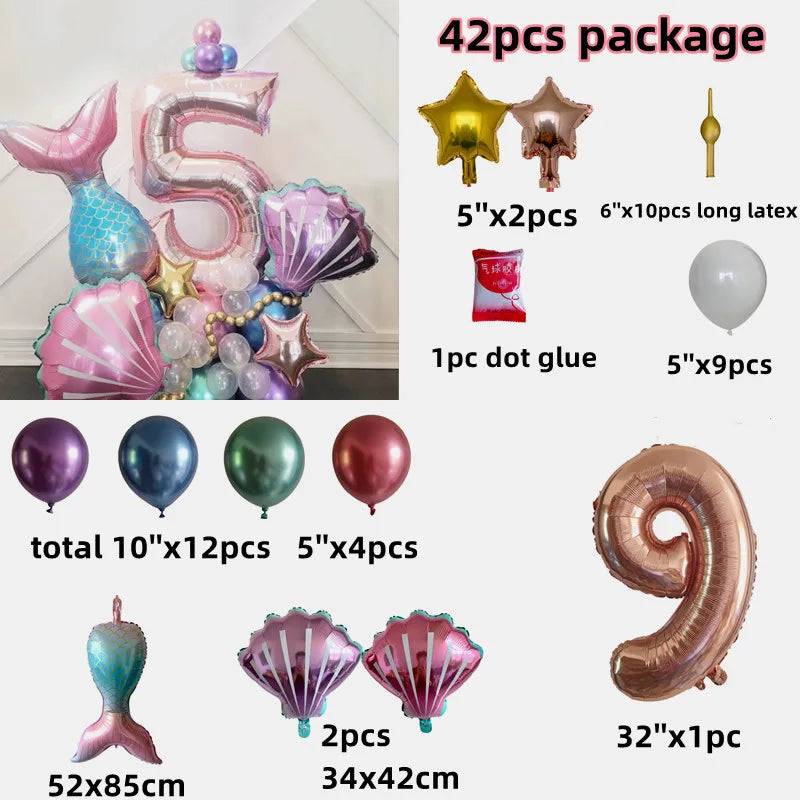 Little Mermaid Theme Party 1-9 Number Foil Balloon Set with Mermaid Tail Balloons Kids Birthday Party Decoration Supplies