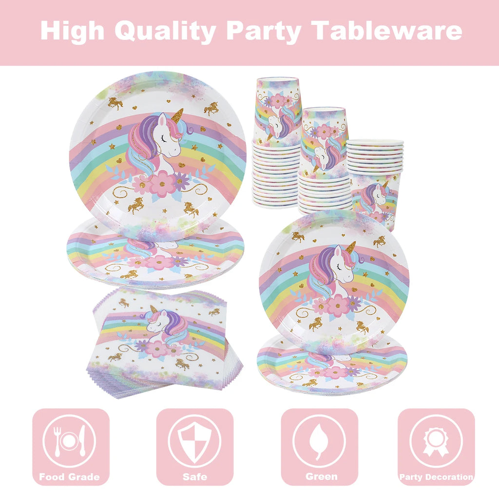Rainbow Unicorn Disposable Tableware Happy 1st Birthday Party Decorations Kids Favors Gifts Unicorn Baby Shower Girls Supplies