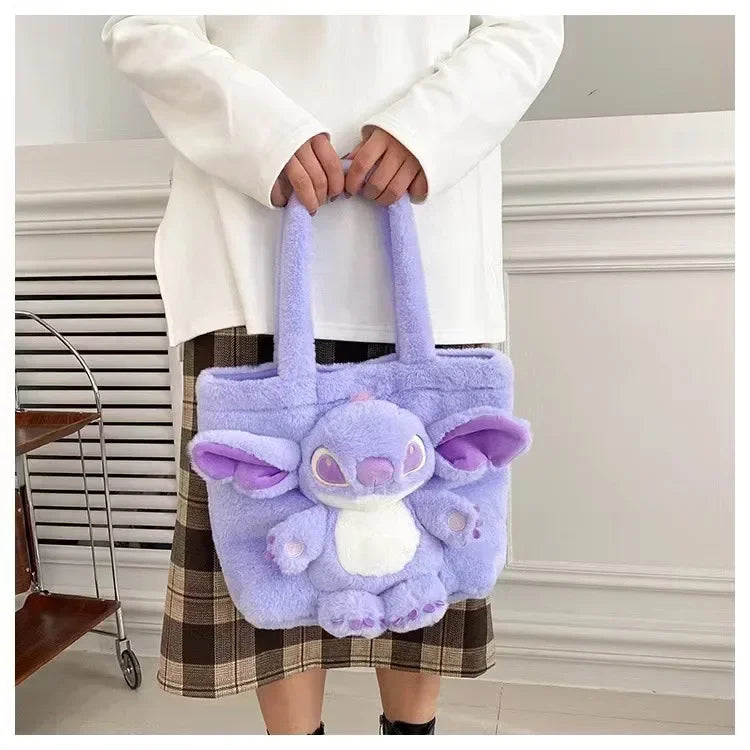 MINISO 2024 New Cartoon Plush Doll Shoulder Bag Sweet and Cute Stitch Strawberry Bear Soft Cute Girls Handbag