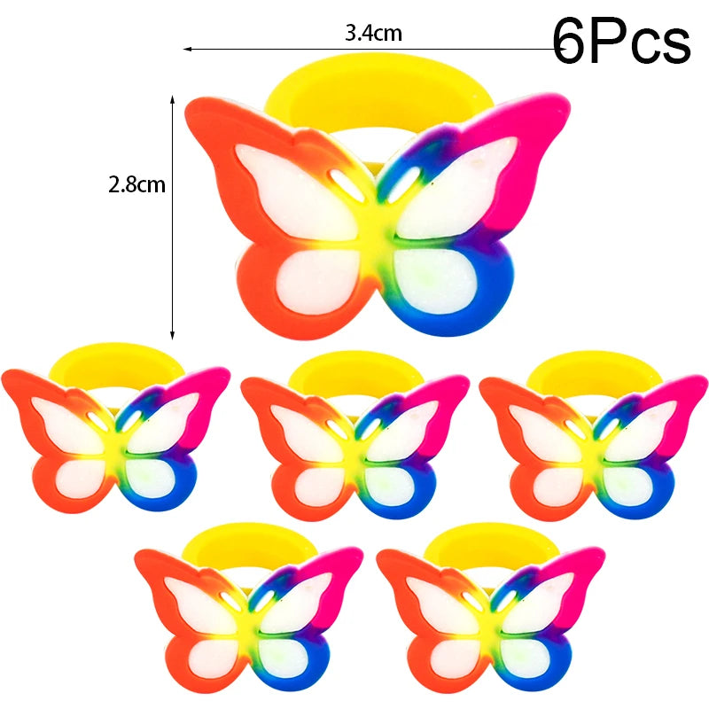 6/10pcs Cartoon Unicorn Butterfly Ring Girls Jewelry Silicone Ring Toys For Kids Unicorn Birthday Party Decor Gifts Filler Prize
