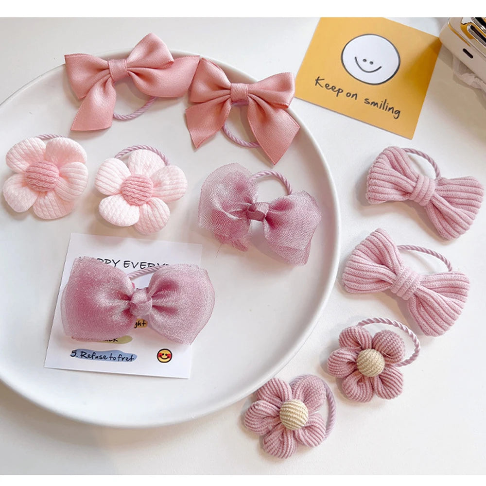 10pcs Cute Flower Hair Ties Set Kids High Elastic Mixed Cloth Plaid Bow Charms Hair Loop For Toddler Girls Princess Headwear