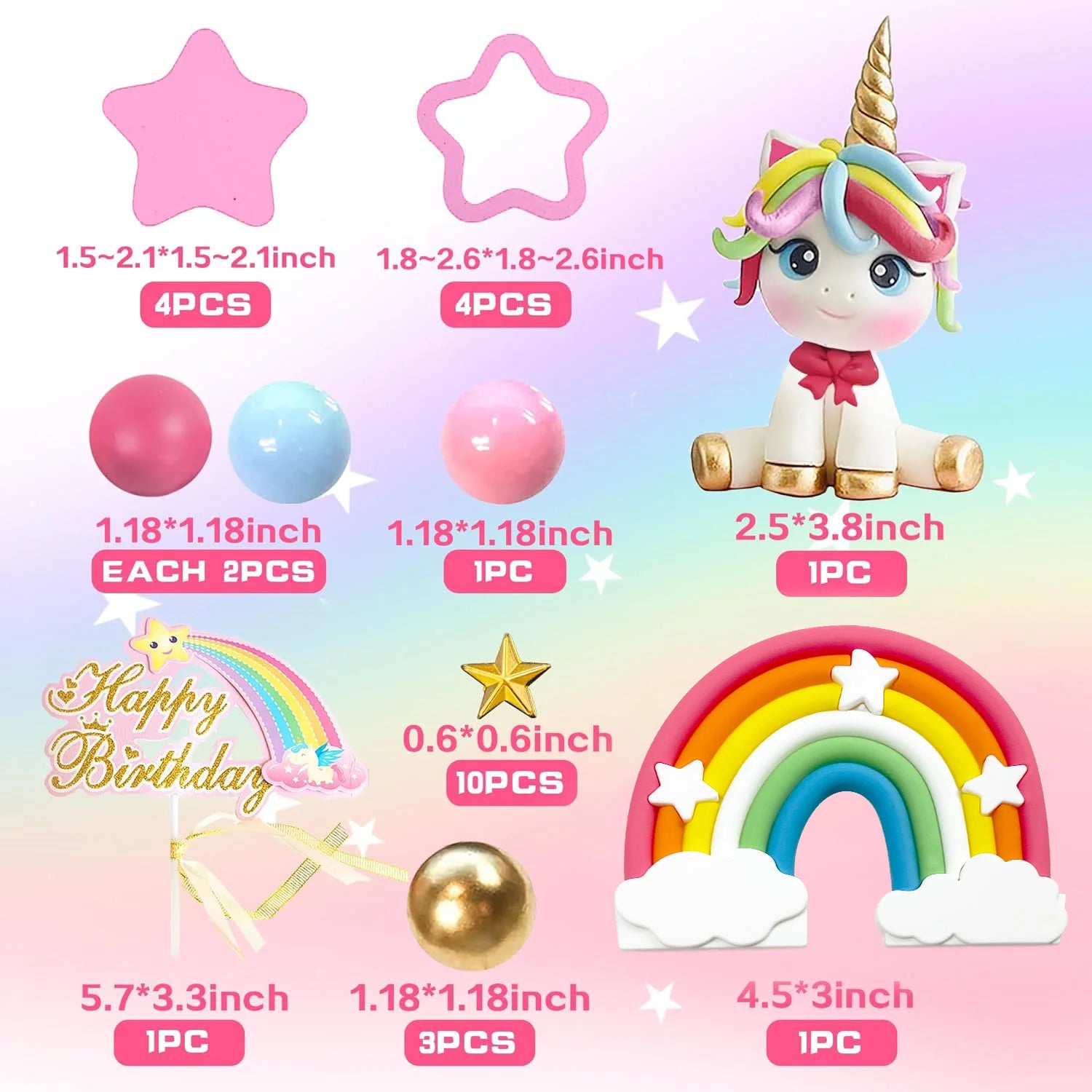 Unicorn Cake Topper Rainbow Cake Decorations with Stars Unicorn Balls Happy Birthday Cake Decorations for Ages Baby Shower