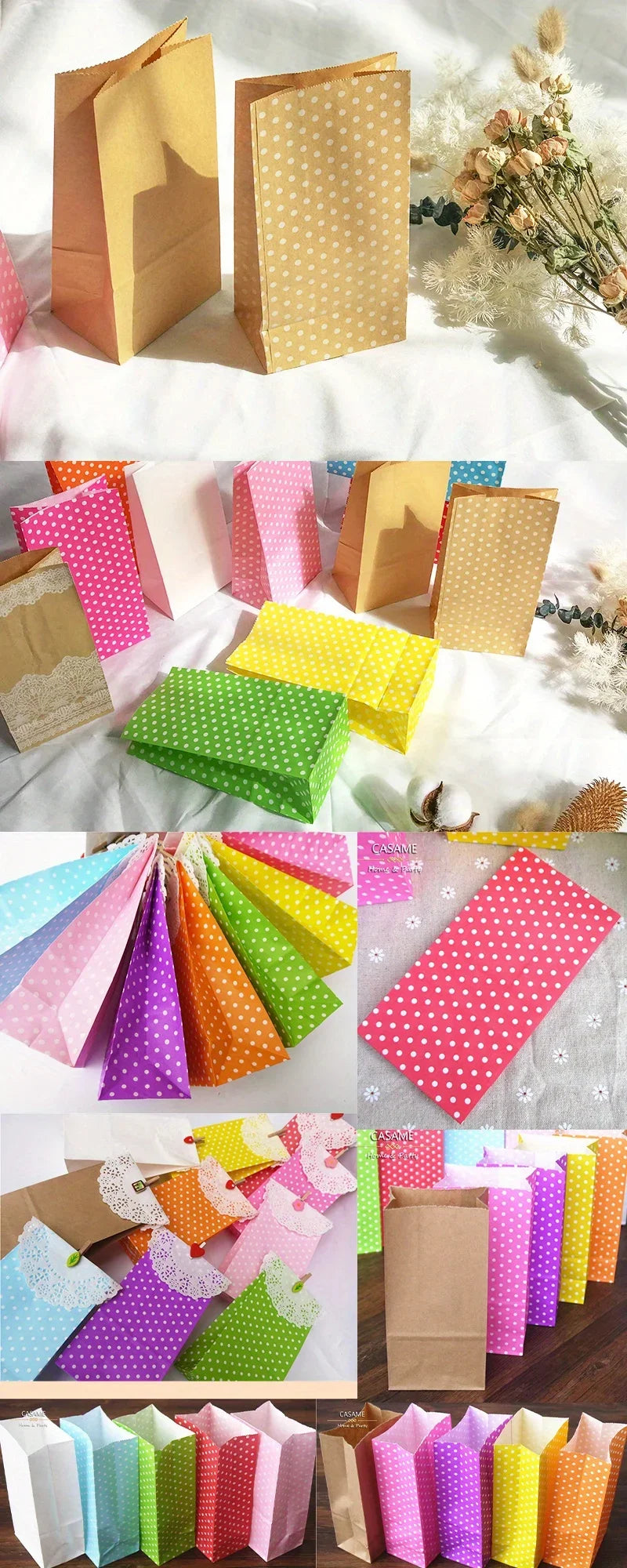 10 pcs Colorful Solid Stripe and Polka Dot Stand-Up Bags with Stickers - 18x9x6cm Favor Gift Packing Treat Bags for Wedding