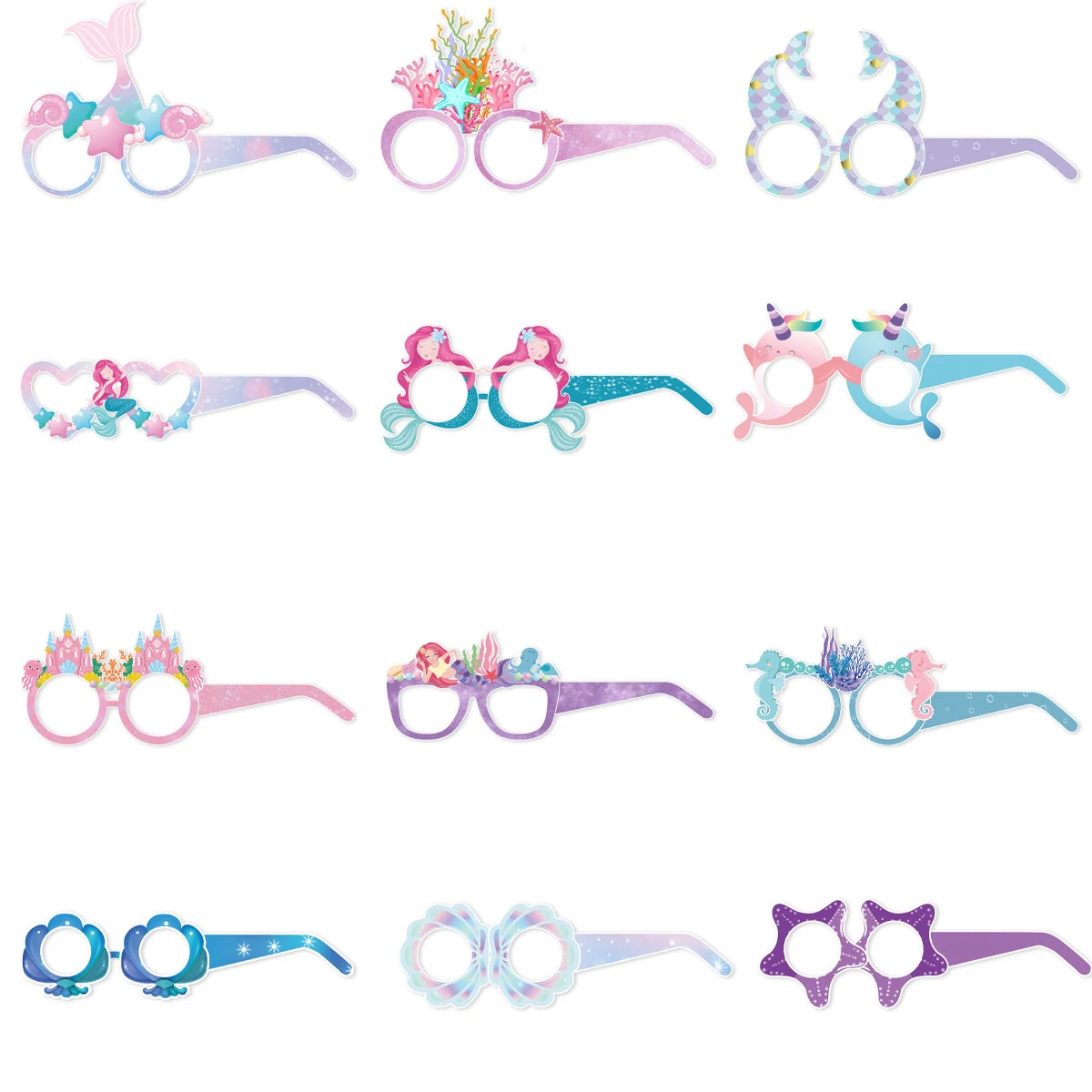 12pcs Mermaid Party Decoration Mermaid Themed Paper Eyeglasses Summer Beach Photo Booth Props for girl Birthday Party Dress Up