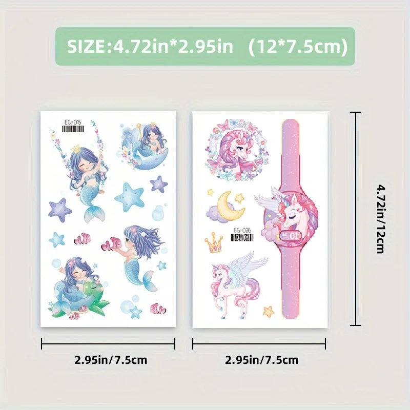 12 Sheets Glitter Mermaid Tattoo Stickers For Kids Cute Unicorn Temporary Tattoos Body Art Fake Tattoo Birthday Party Favors
