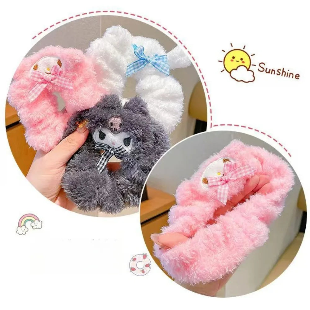 4Pcs Sanrio Hello Kitty Plush Elastic Hair Rope Cute Anime Cartoon Girls Hair Accessories Hair Band Charm Ponytail Holder Gifts