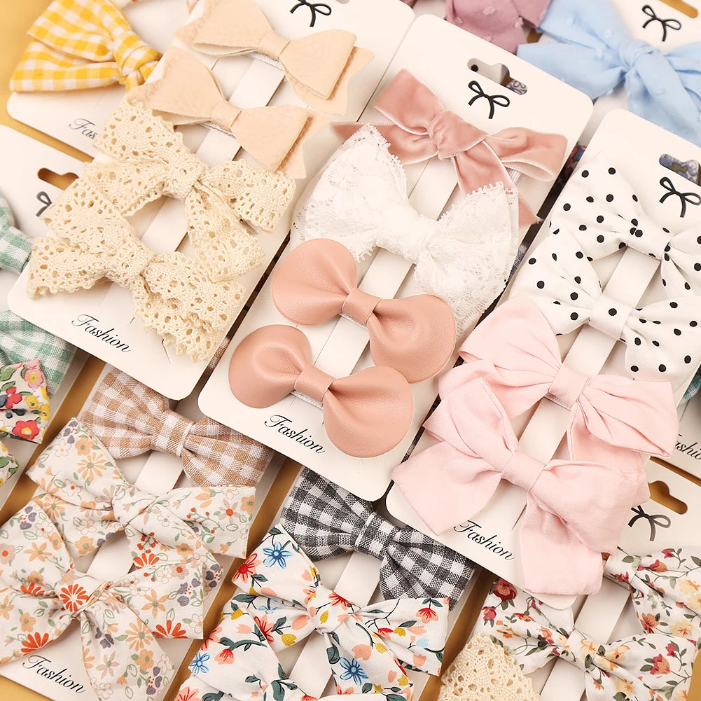 4Pcs/set Floral Print Hair Bow Clips Baby Girls Lace Cotton Linen BB Barrettes Safety Hairpins Korea Kids Headwear Accessories