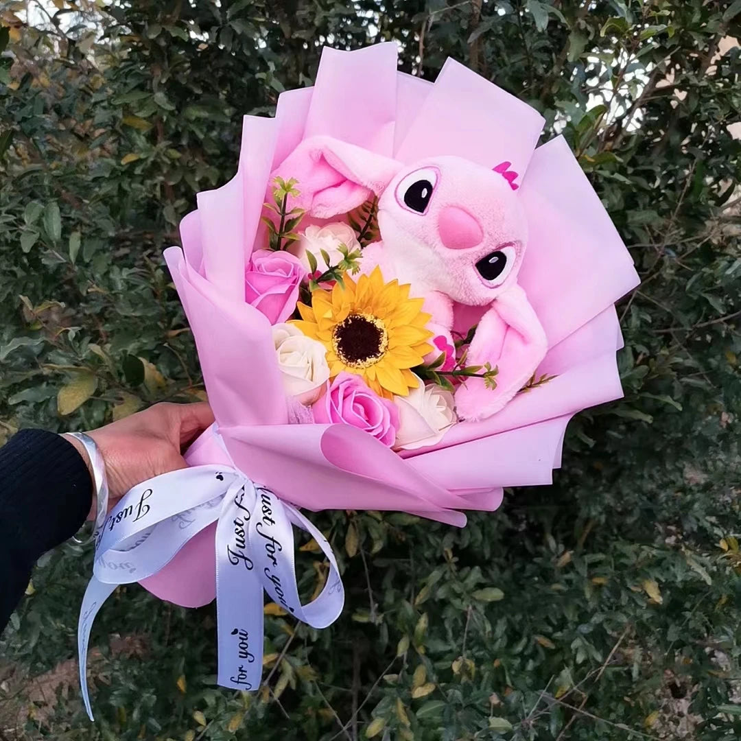 Lilo&Stitch Plush Bouquet Toy Christmas Gift Purple Blue Stuffed Rose Flower Soft Cute Cartoon Doll Valentine Graduation Gifts