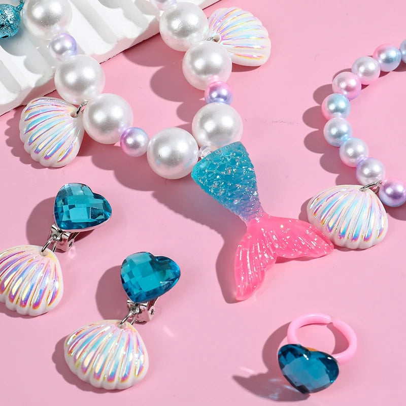 5Pcs/set Girl Princess Mermaid Shell Charm Necklace Bracelet Jewelry Set for Daughter Niece Children Favor Birthday Party Favor