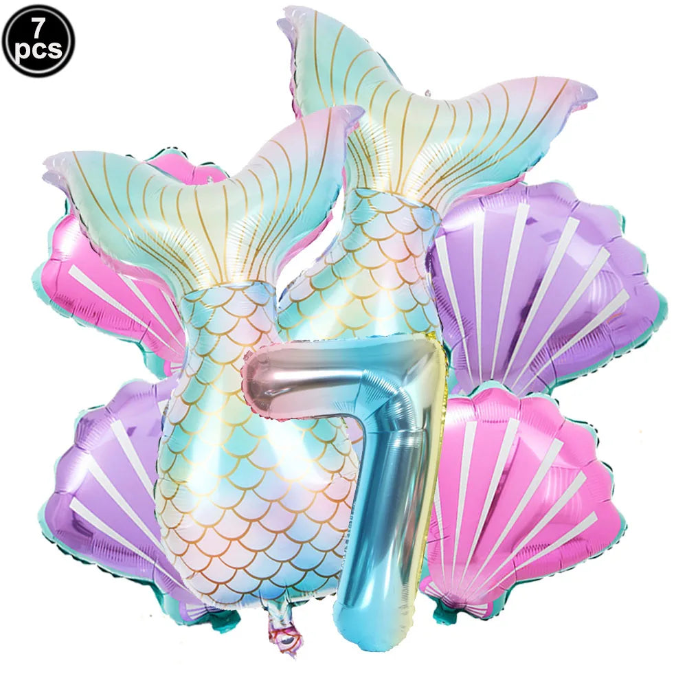 Mermaid Birthday Decorations 7 Pcs Mermaid Foil Balloon Mermaid Tail Balloon Mermaid Decor for 1st-9th Birthday Party Baby Showe