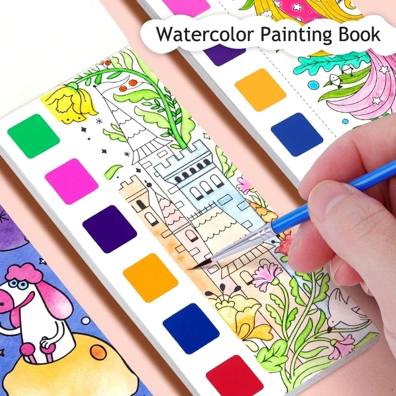 Portable Watercolor Painting Book 12 Sheets Coloring Book With Paint Brush Gouache Book Kids Graffiti Picture Drawing Toys
