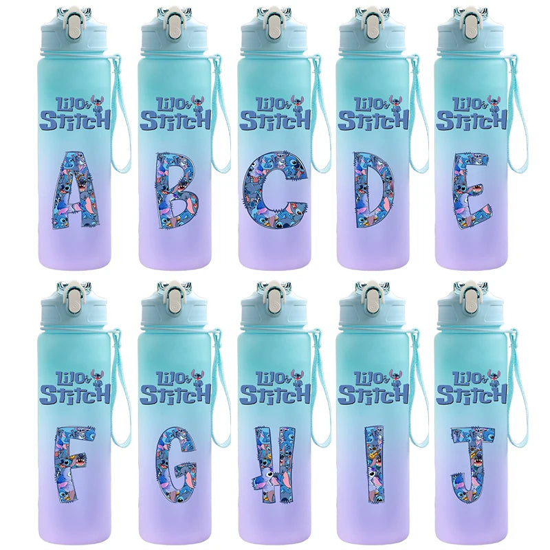 750ML Letter A-Z Print Lilo Stitch Water Bottle Large Capacity Drinking Portable Cartoon Anime Outdoor Sport Water Cup Kid Gift