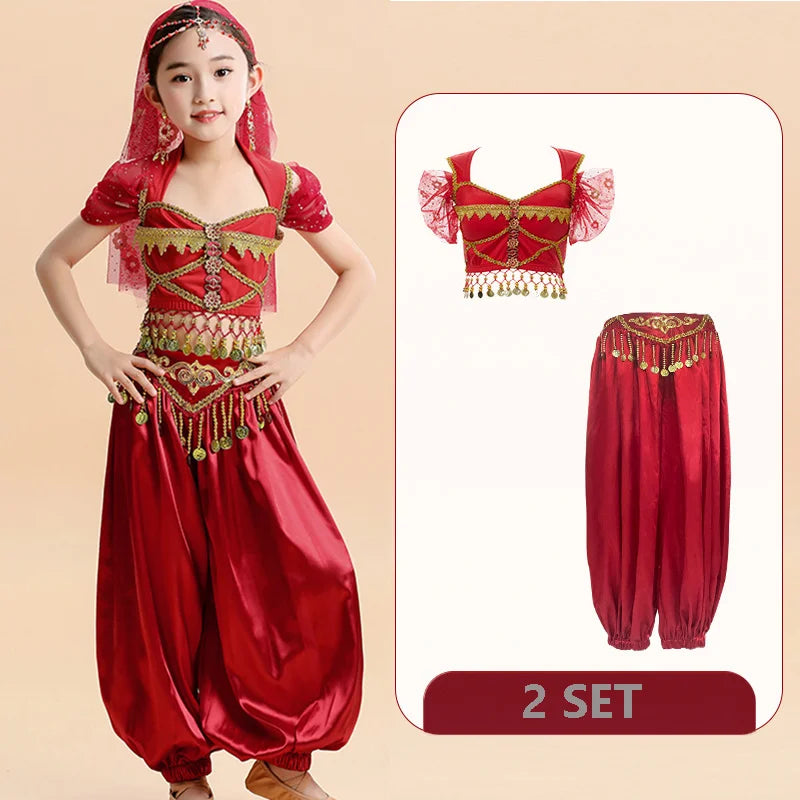  Kids India Princess Belly Dance Set Oriental Indian Dance Sari Girl Performance Costume Bollywood Children Stage Outfit