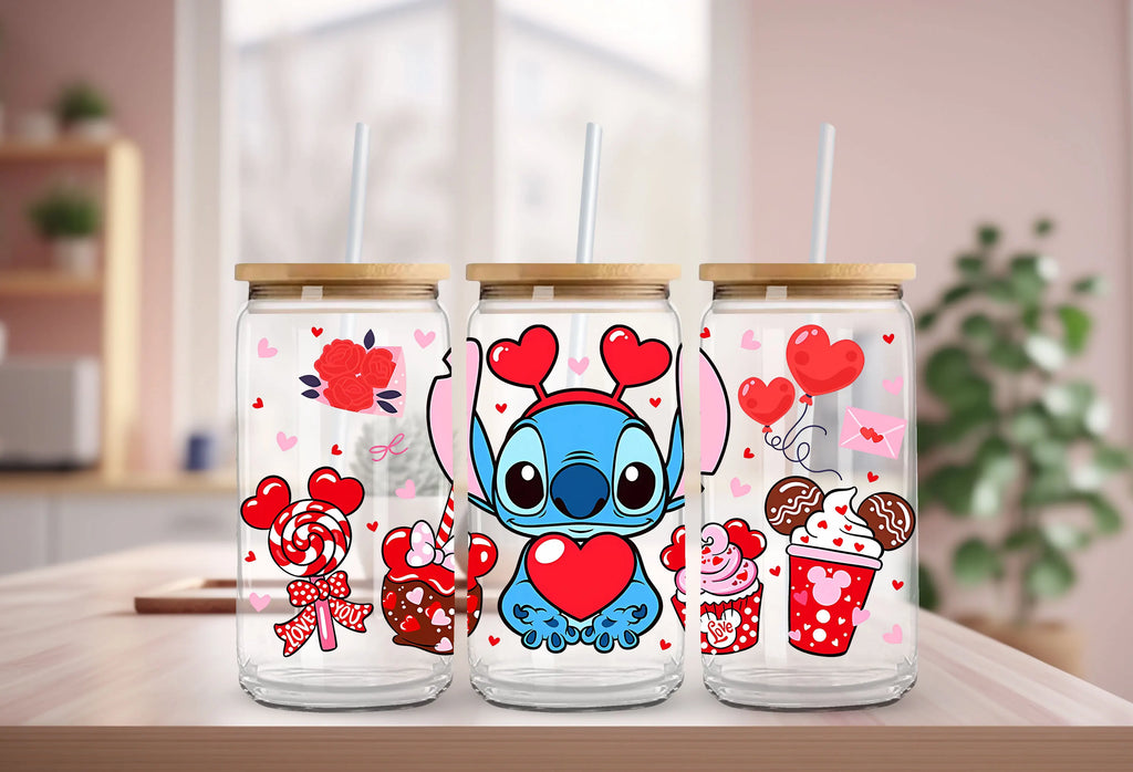Stitch Christmas Love Sweet Glass Cup Decals Cup Wrap Sticker UV DTF Long-Lasting Adhesive Labels DIY Sticker Kits for Drinkware